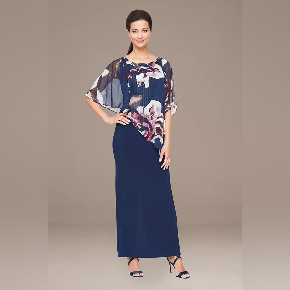 $109 SL FASHIONS Jersey Sheath Dress with Asymmetrical Chiffon Cape 10